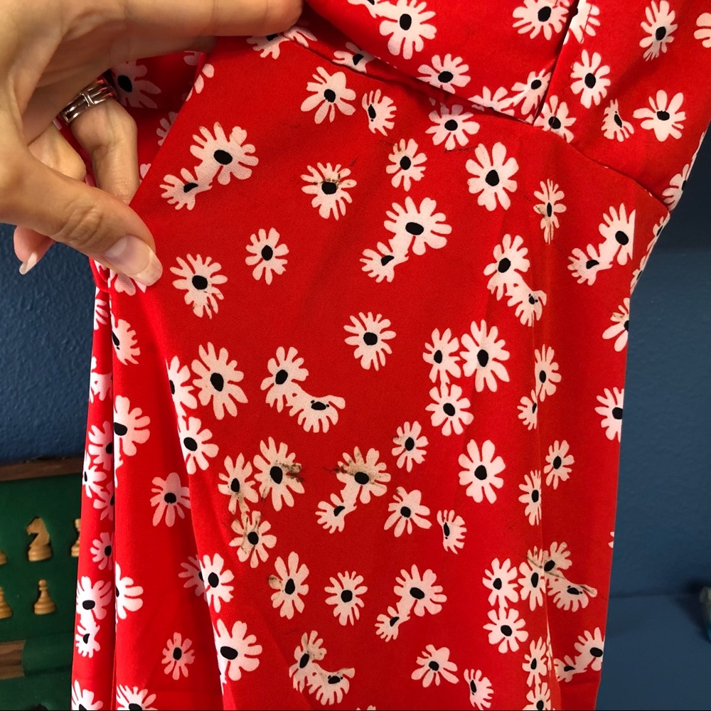 Red Floral V-Neck Wrap Midi Summer Dress - Picture 13 of 14